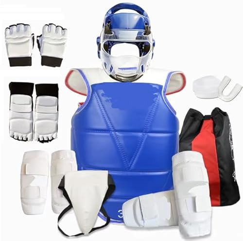 Taekwondo Skyddsdräkt för vuxna barn tävling kampsport kit skydd skenben utrustning set huvud mun handskar kombinerade sportskydd barn (blå, 110–130 cm)