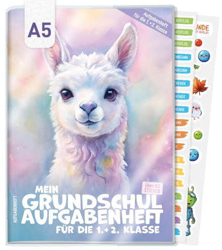 Hausaufgabenheft Grundschule A5 für die 1. + 2. Klasse ohne Datum mit Schutzhülle, Stickern, Lern- und Denkspielen Alpaka - nachhaltig & klimafreundlich
