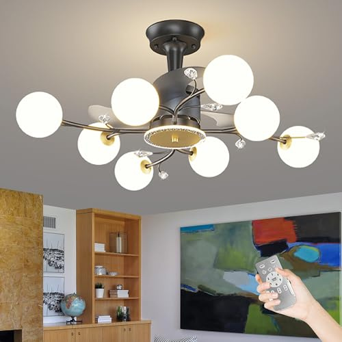 Depuley Ceiling Fan with Lights and Remote: Globe 8 Lights Chandelier with Fan Crystal - Sputnik Ceiling Fan for Living Room Bedroom - Modern Black Fandelier with 3 Color Light