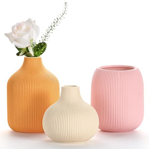 Dnnnii Modern Colorful Ceramic Vase Set of 3, Ribbed Texture Minimalist Home Decor, Small Decorative Vases for Centerpiece, Shelf, Tabletop - Aesthetic Touch for Neutral & Transitional Spaces