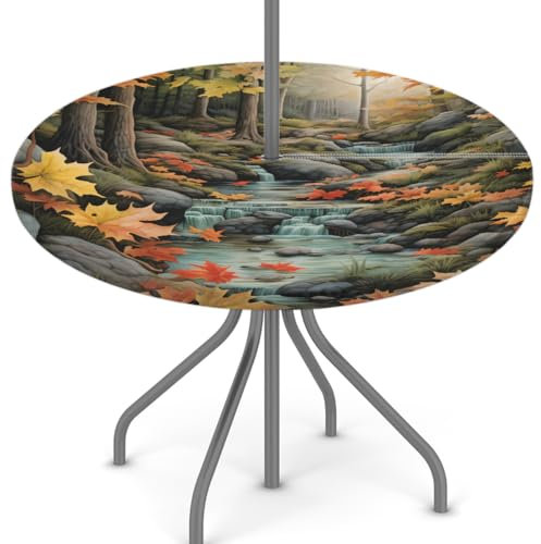 Mexpekil Runde Tischdecke mit Schirmloch und Reißverschluss, abwischbar, mit elastischem Rand, wasserdichter Tischschutz für Terrasse (passend für 114 - 142 cm große Tische)