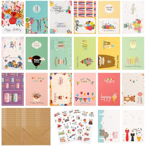 Vyuwast Set mit 42 Geburtstagskarten in leuchtenden Wasserfarben gemalt –20 Karten,20 Umschläge&2 Sticker– kein Design zweimal - Happy Birthday Karten im Postkarten Set