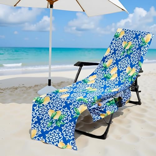 Hiseng Sun Lounger Towels with Pockets, Large Beach Towels Soft Absorbent Microfiber Outdoor Sunbed Lounge Chair Cover for Garden, Hotel, Swimming Pool, Summer Holiday (Lemon,75x210cm)