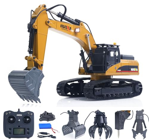 wheelfun 1/14 RC Bagger Huina 580 mit Metallaufbau | Upgraded Ingenieurmodell mit elektrischem Kugelgreifer, 360° Scherenklaue, Licht & Sound