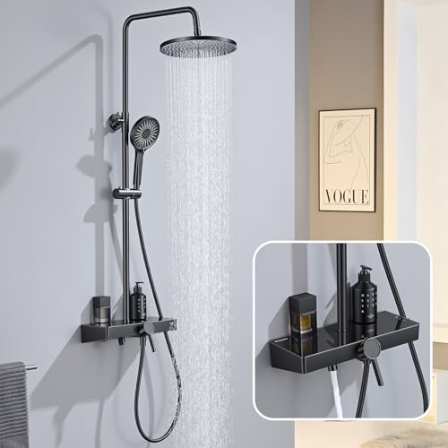 DelnVior Duschsystem ohne Thermostat mit 26 cm runder Regendusche & Handbrause Duscharmatur Komplettset Höhenverstellbar mit Sicherheitsglas-Ablage & multifunktionalem Schwenkauslauf