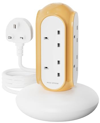 MiaoLab Tower Extension Lead 6 Way (6 Gang), 13A 2990W, 1420J Surge Protected Extension Lead, Overload Cut-Off, Switched Plug Tower, 2m Extension Cable, 850°C Flame-Retardant Housing, Weighted Base