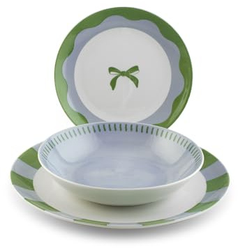 H&H Servizio Tavola Minty in Porcellana Decorata 18 Pezzi – 6 Piatti Piani 27 cm, 6 Piatti Fondi 20 cm, 6 Piatti Frutta 19 cm – Idoneo Lavastoviglie e Microonde