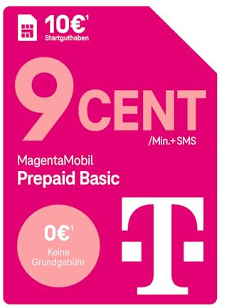 Telekom MagentaMobil Prepaid Basic | 9ct pro Minute/SMS in alle dt. Netze | optionale Dayflat (50 MB) für mobiles Surfen verfügbar I ohne Vertragsbindung, volle Kostenkontrolle I 10 EUR Startguthaben