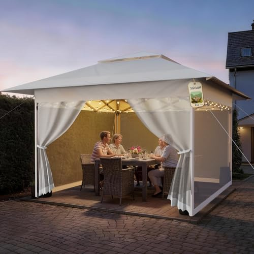 Soontrans Gartenpavillon 3x3 m mit Moskitonetz für ohne Mücken Draußen Bleiben, Pavillon Pop-Up Höhenverstellbar mitSandsäcke & Tragetasche, Faltpavillon für Grill Treffen mit Familie Freunden (Weiß)