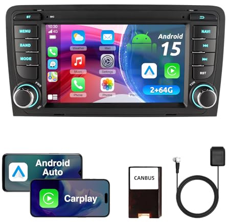 ESSGOO Autoradio für Audi A3 8P, S3 8P, RS3 8PA | 2+64GB Android 15, 7 Zoll Touchscreen, Wireless CarPlay & Android Auto, GPS/WLAN, Bluetooth 5.0, DSP
