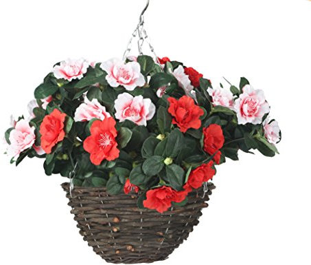 Closer2Nature Artificial Red and Pink Azalea Display in a 10 Round Willow Hanging Basket, Faux Flowers Decoration Plants for Vibrant Outdoor Foliage in Garden