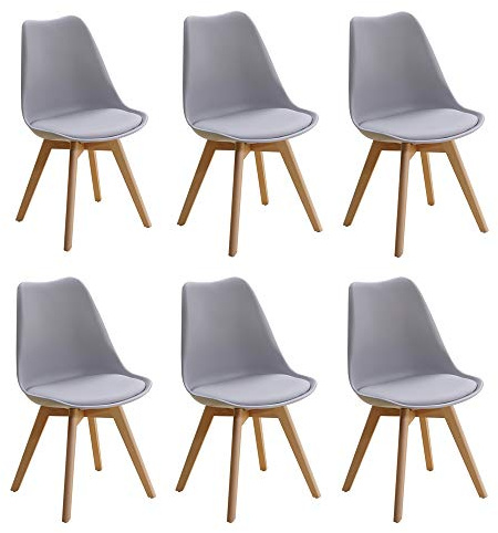 Homcasa Set of 6 Modern Design Dining Chairs, with Cushioned PU Seat and Solid Wood Legs Retro Lorenzo Lounge Chair (Grey)