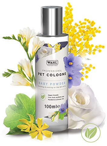 Wahl Dog Perfume Spray, Pets Cologne, Grooming Pets At Home, Free of Sulphates, Parabens, Alcohol, Vegan Friendly, Deodorise and Rejuvenate Animal Skin and Coat, Baby Powder Scent 100 ml