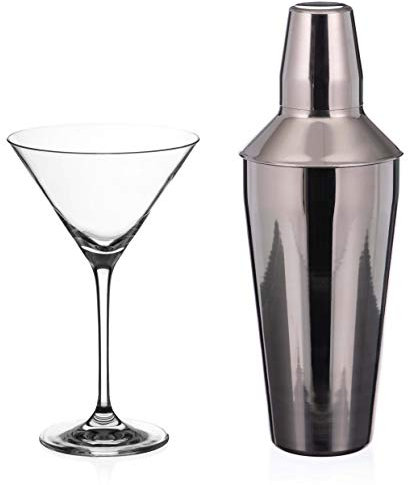 DIAMANTE Martini Shaker and Glass Set - Martini Set with one Metal Shaker and 1 Auris Crystal Martini Glass