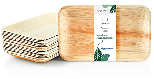 Wiseware Palmblatt Teller - 200 Stück Einwegteller rechteckig 12 x 16 cm - biologisch abbaubares Palmblattgeschirr - kompostierbares Partygeschirr - Bio Einweggeschirr