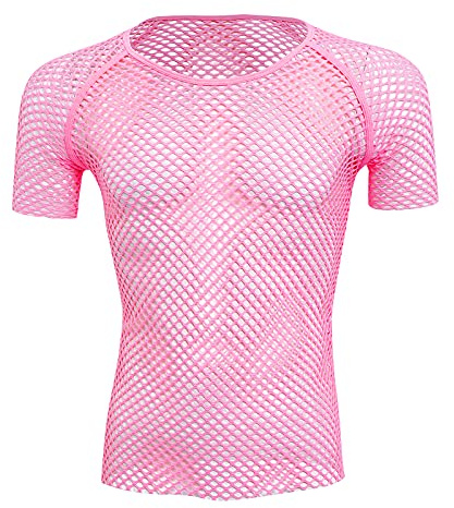 IBAKOM Men's Fishnet Tank Tops Short Sleeve Mesh Muscle Tee T-Shirt Slim Fitted Workout See Through Clubwear Undershirt Pink XL