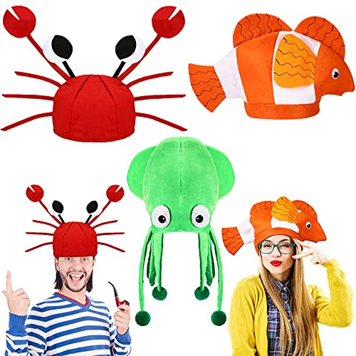 Kasyat 3 Stück Lustige Party Hüte Krabben Fisch Tintenfisch Hüte Ozean Meer Tier Kopfdeckung Halloween Hut Verrücktes Kostüm Hut für Fotoautomaten Cosplay Karneval Party