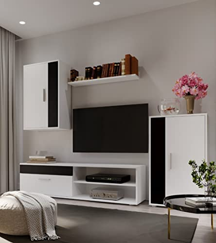 Home Heavenly® - Mueble salón Modular Bosco de 230 cm. Conjunto Completo Mueble TV + 2 vitrinas + Estante (Blanco-Negro)