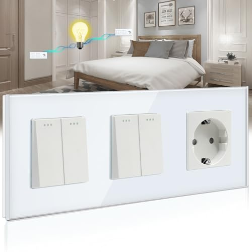 BSEED Doble Interruptor de pared con Enchufe,2 Gang 2 Vías Interruptor conmutador+16A Schuko Enchufe,10A Blanco Interruptor de luz de botón pulsador con marco de cristal,Enchufes de pared para Cocina
