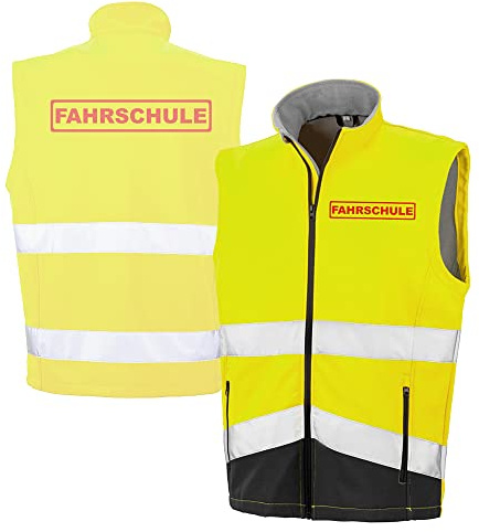 Fassbender-Druck WARNWESTEN - FAHRSCHULE Sicherheitsweste GELB aus Softshell - Gelb Warnweste nach EN ISO 20471 zertifiziert - Unisex und hochwertigem Reflektorstreifen