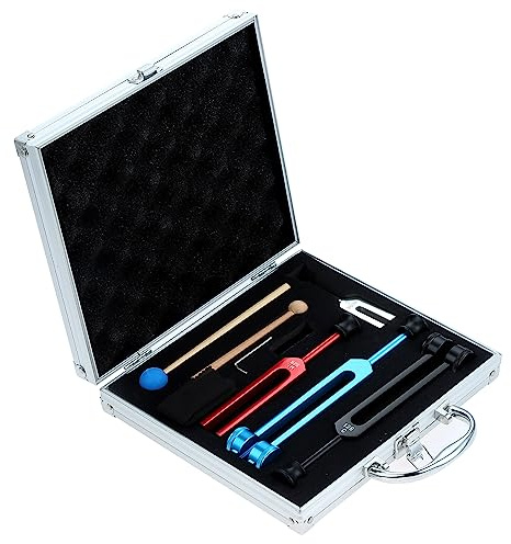 DRELD 4 Stück Solfeggio Stimmgabel Set 128Hz, OM 136.1Hz, MI 528Hz, 4096Hz Aluminium Stimmgabel Set mit 2 Hämmern 1 Aufbewahrungsbox für Heilung Klangtherapie Vibration (bunt) | Bunte Aluminium-Stimmgabeln mit Silikonhämmern und Aufbewahrungsbox für Chakra-, Solfeggio- und Biofeldtherapie