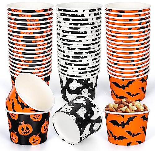 Whaline 60Pcs Halloween Treat Snack Cups Grimace Pumpkin Ghost Bat Pattern Disposable Paper Bowls 9oz Orange Black Paper Cups Dessert Ice Cream Bowls for Halloween Movie Party Favor Supplies, 3 Style