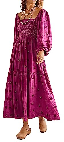 Barbotimer Women's Flower Embroidered Maxi Dress Lantern Sleeve Square Neck Tiered Flowy Spring Fall Dress (as8, Alpha, l, Regular, Regular, Rose Purple)