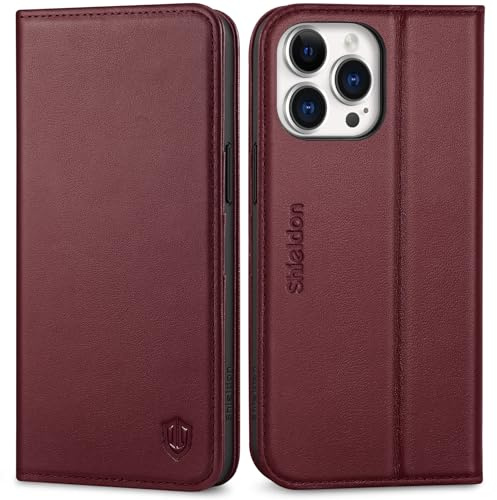 SHIELDON Echtleder Handyhülle für iPhone 15 Pro Max 6,7 2023 5G, Weinrot
