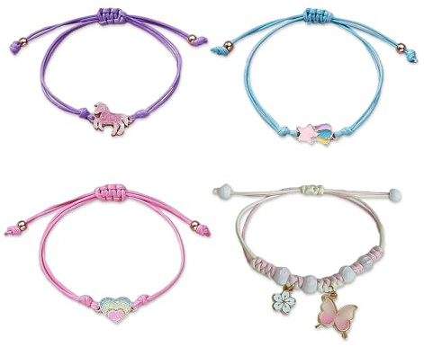 MEMOFYND Lot de 4 Bracelets Colorés pour Enfants - Animaux de Dessin Animé, Bracelets d'Amitié Tressés Réglables - Cadeaux d'Anniversaire de Fête - Nylon