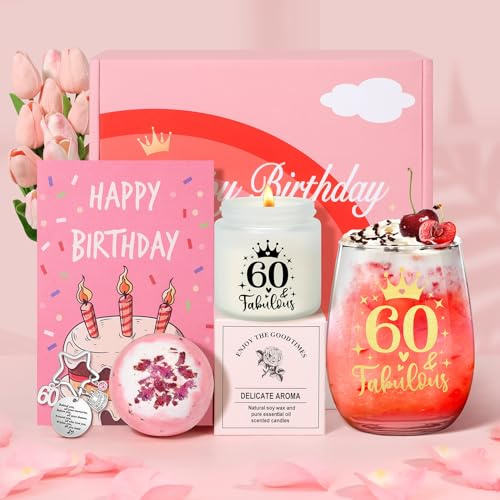 Tecanne Ensemble cadeau de gâterie pour le 60e anniversaire pour femmes - Verre à vin en verre personnalisé, coffret cadeau Gin pour la retraite - Pour maman, grand-mère, sœur, meilleures amies