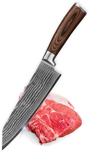 Wakoli EDIB Kiritsuke Messer aus echtem Damaststahl (VG10 Kern) mit 20 cm Klinge – Scharfes Küchenmesser und präzises Kochmesser für alle Schnitte – Damastmesser mit Pakkaholzgriff in Geschenkbox