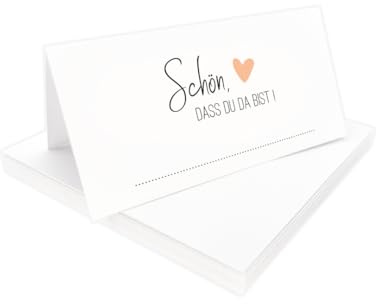 Tischkarten Schön, dass du da bist weiß mit Herz | Farbe wählbar | 25, 50, 100 Stück | selbst beschriften | Namensschilder, Platzkarten | für Hochzeit, Geburtstag uvm (Peach, 100)