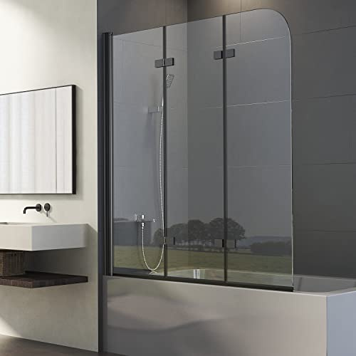 Duschwand für Badewanne 3-teilig 140x140cm Schwarz Dreifaltigkeitstür Duschtrennwand mit 6mm Nano Glas, Trennwand Faltbar Badewannenwand Sicherheitsglas Badewannenaufsatz Dusche