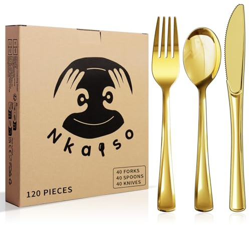 Nkaiso 120 Piece Gold Silverware Set, 40 Knives, Forks & Spoons, Reusable Tableware for Weddings, Parties & Events
