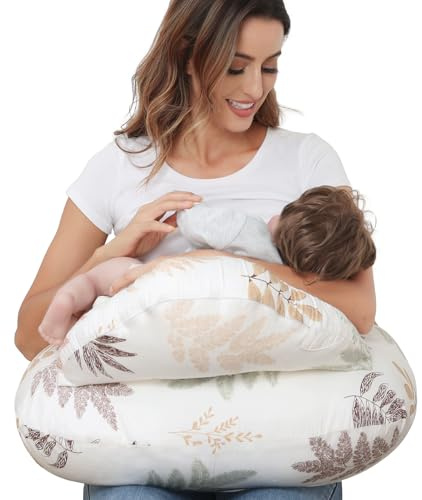Nursing Pillow for Breastfeeding, Breastfeeding Essentials for Newborn, More Support for Mom and Baby, with Adjustable Waist Strap and Removable Cotton Cover (Small Leaves)