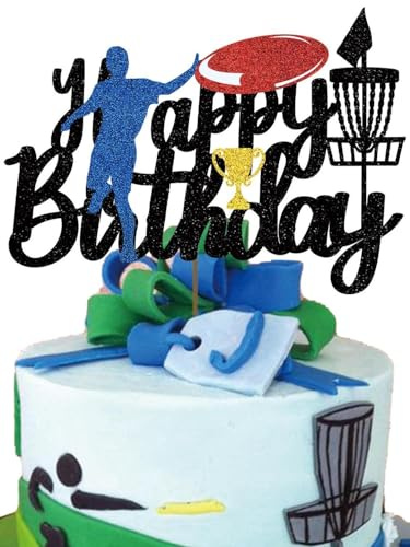 Disc Golf Cake Topper -Disc cake Decoration for Boys Men Glitter Happy Birthday Decoration Sports Theme Party Supplies