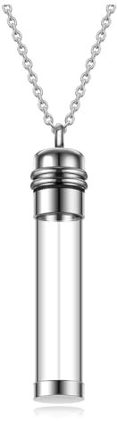 PiercingJak Collier Pendentif Flacon Bouteille Verre Transparent Funéraire Urne Cendres Chaîne Pendentif Tube a Remplir Recipient Ouvrir Contenant Commémoratif Souvenir Bijoux Homme Femme