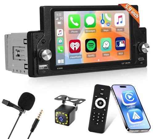NHOPEEW Autoradio 1 Din da 6,9 pollici con Senza fili Carplay e Android Auto - Radio 1 Din Carplay Supporto Controllo del volante Mirror Link EQ FM Porta USB TYPE-C + Telecamera posteriore