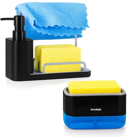 Innoteck Sink Organiser Set – Dual Soap Dispenser with Built-in Sponge Holder, Storage Rack, Non-Slip Feet & Removable Drip Tray – Includes Funnel (370ml + 350ml Capacity)