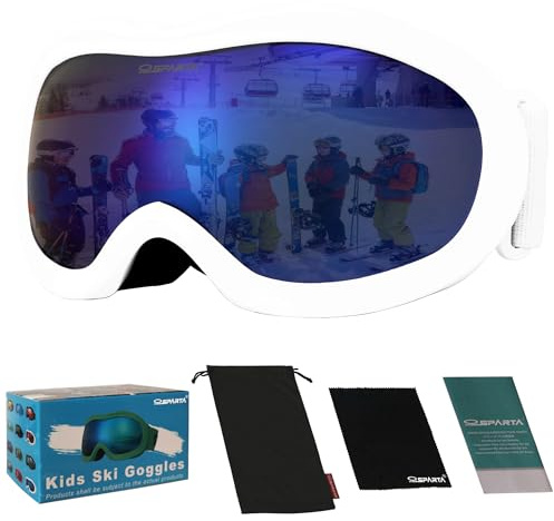 OUTDOORSPARTA Occhiali da sci per bambini, Occhiali da snowboard per bambini per ragazzi Ragazze Bambino Età 3-14 (9. Cornice Bianca, Tutta La Lente Dello Specchio Blu)