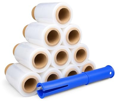 Lot de 10 mini films étirables transparents 10 cm – Film d’emballage 23 microns 150 m – Avec dérouleur – Pour emballage déménagement maison bureau et entrepôt