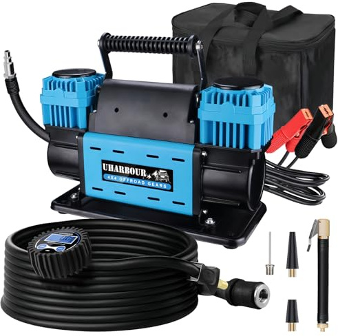 Uharbour Compressore d'aria fuoristrada da 12 V, doppio compressore con manometro digitale, compressore d'aria fuoristrada da 12 V, resistente, viene fornito con borsa per il trasporto