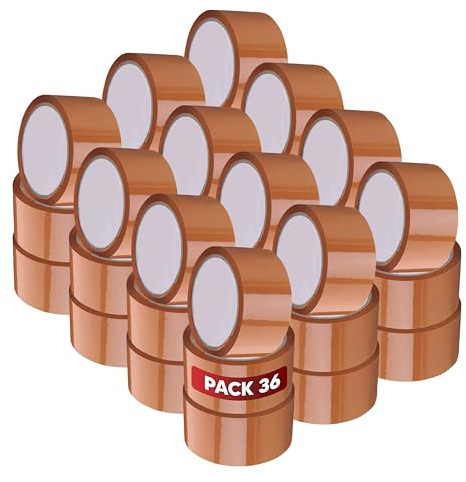 Mundo Home 36X Cinta Adhesiva Embalar Extra Resistente - Cinta Embalar Marrón Resistente al Desgarro y a Rayos UV - Cinta Universal Ideal para Colegio, Oficina, Mudanza (36, Marrón, 48mmx66m)