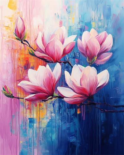 N.LANSHAN DIY Teppich DIY Set Aquarell Rosa Magnolienblüte Knüpfpackungen Für Anfänger,Senioren Und 3D-Heimwerker. Teppich-Set. 60x90cm