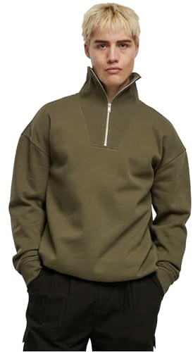 Urban Classics Tröja för män, Cut & Sew Troyer, avslappnad herrtröja med hög krage och halv dragkedja, storlekar S – 5XL, OLIV, 4XL