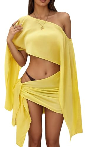 Lomehue Linen Skirt Set Women Summer 2 Piece Swimsuit Coverup Long Bell Sleeve Crop Top with Mini Skirt Y2K Beach Cover Up (Yellow,Small)