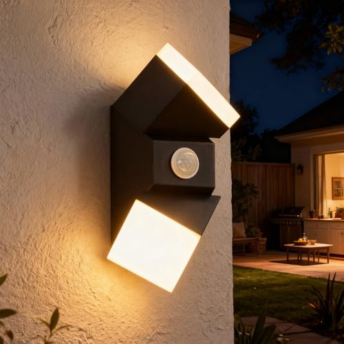 Combuh Black Outdoor Wall Lights Mains Powered, Outside Front Door Light with PIR Sensor, 12W 960LM IP65 Waterproof Warm White 3000K, Garden Porch Patio