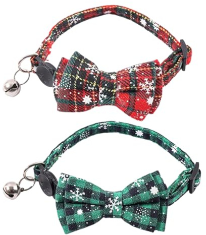 Mjzzh 2 collari Natalizi a Quadri per Animali Domestici, con Fiocco e Campanellino, Papillon per Cani e Gatti, Regolabili in Lunghezza da 19 a 30 cm.