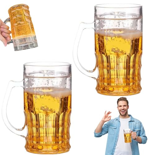 Vasos de cerveza falsos, 400 ml, jarra de cerveza de doble capa, divertida, grande, con asa, taza aislante a prueba de fugas para fiestas y bares (2 unidades)
