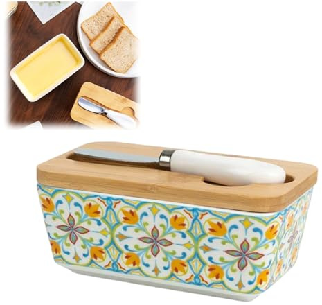 Butterdose Keramik mit Holzdeckel und Buttermesser, FranzöSische Butterdose, Butterdos Keramik Bunt, 350ml, Multi-Funktion Versiegelt Butterglocke Frische-bleiben, Für Haushalt und Küche